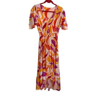 Abel The Label Anthro Swish Print Maxi Dress High Low Orange Purple Medium